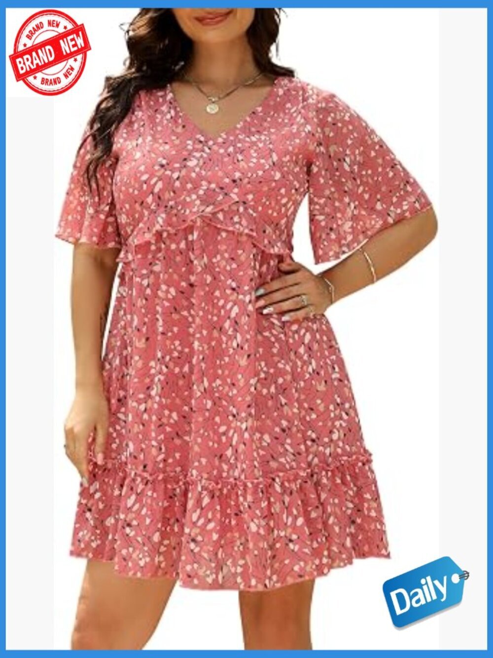 Plus Size Loose Flowy Mini Swing Dress Ruffle Sleeves V Neck Summer